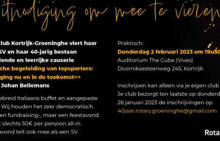 Kortrijk Groeninghe viert 40ste verjaardag
Donderdag 2 februari 2023 om 19u30
The Cube (Vives)
Doorniksewijk 245
Kortrijk