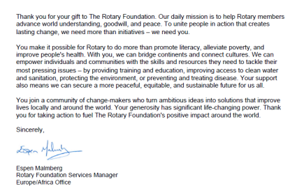 Bedanking vanwege The Rotary Foundation